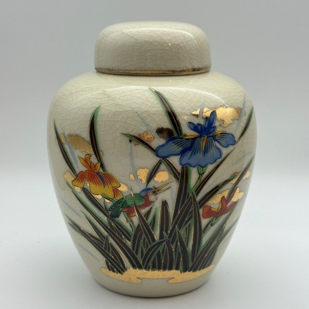 Japanese Satsuma Style Ginger Jar Bird & Iris Floral Crackle Glaze Gold